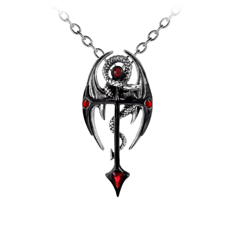 Decorative necklace with a black and red pendant on a white background