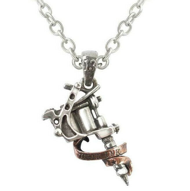 Silver tattoo machine pendant necklace on a white background