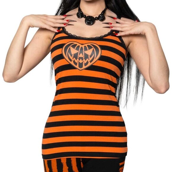Kreepsville 666 Black & Orange Stripe Lace Camisole Top