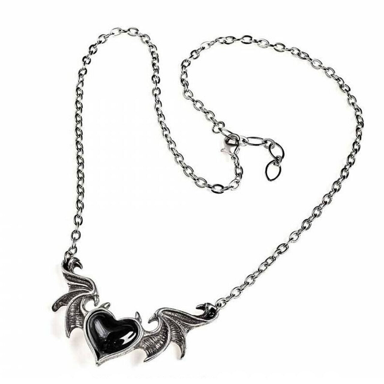 Necklace with a heart-shaped pendant and dragon wings on a white background