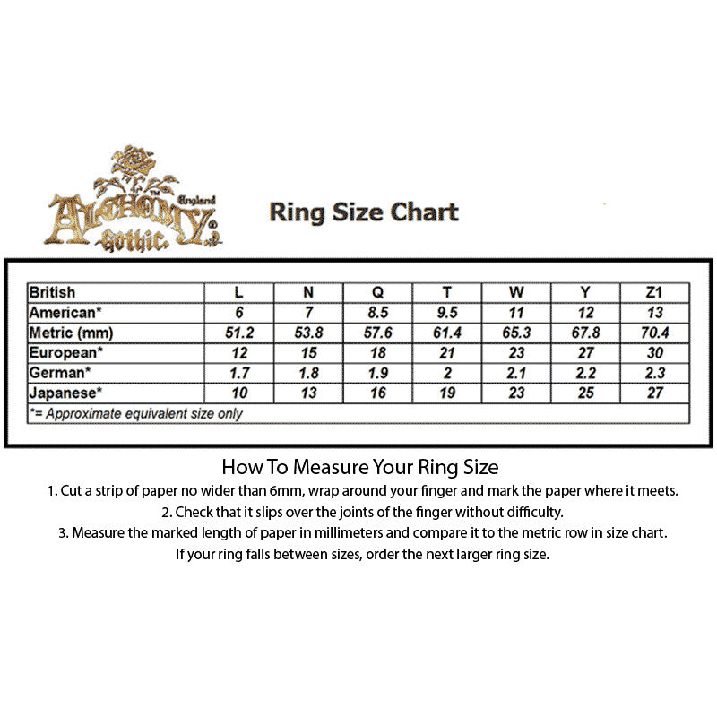 Alchemy Gothic ring size chart with measurement instructions on a white background