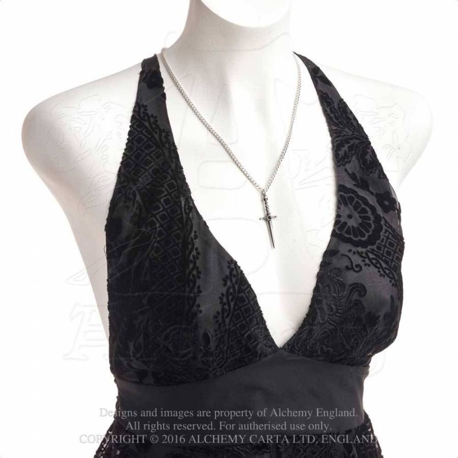 Black lace halter top on a mannequin with a necklace.