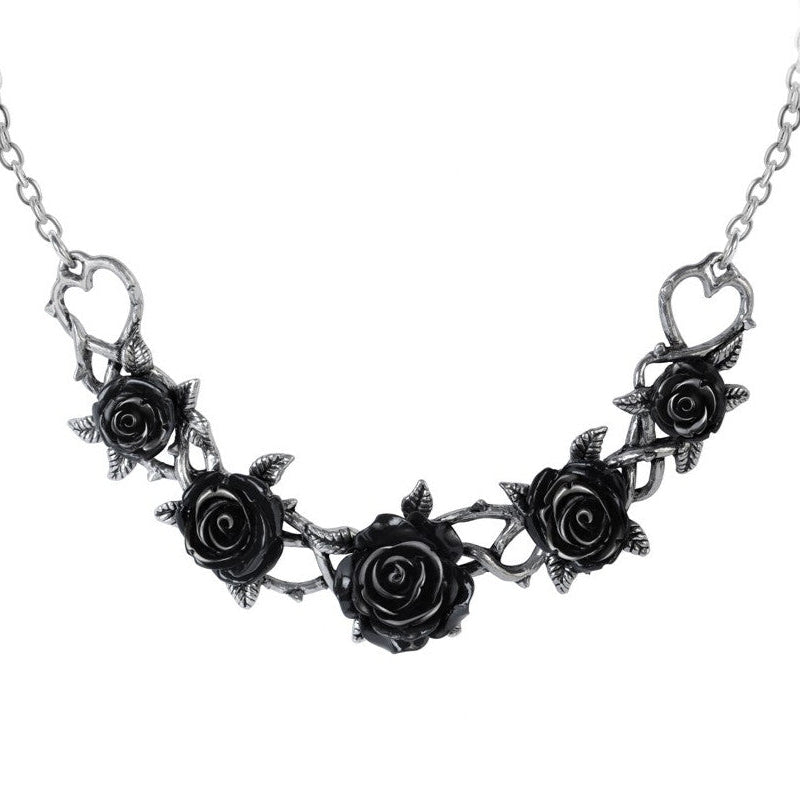 Necklace with black rose design on a white background