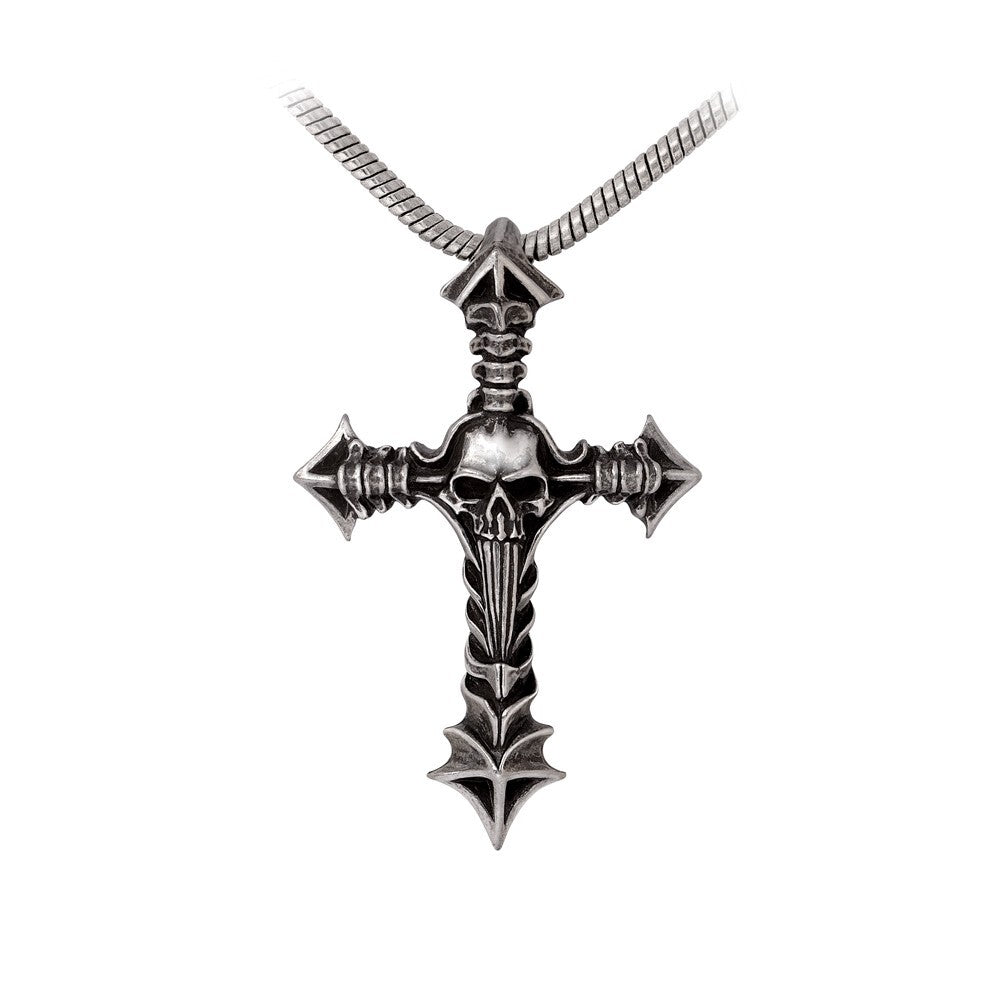 Silver cross and skull pendant on a white background