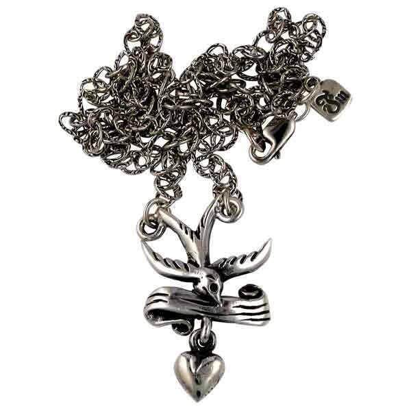 Femme Metale Sweet Tweet Love Swallow Heart Fine Silver Necklace