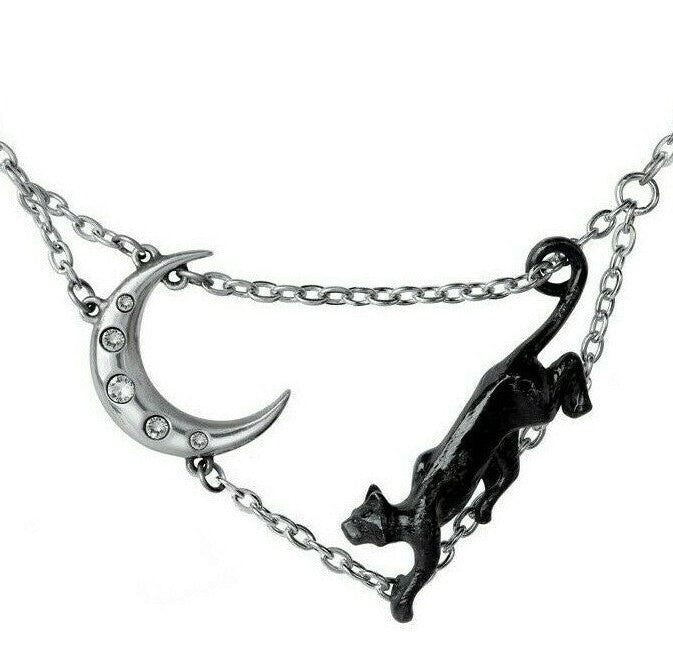 Necklace with black cat and moon pendant on a white background