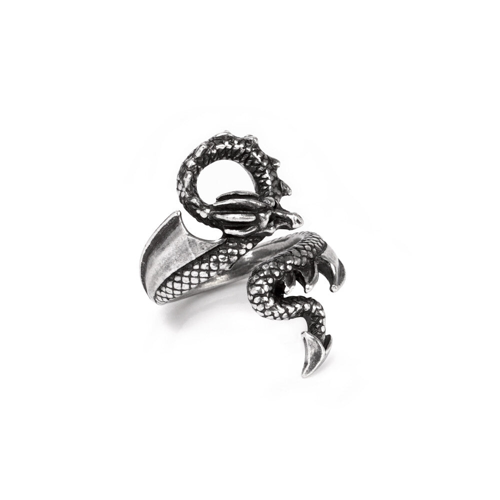 Silver snake-shaped ring on a white background