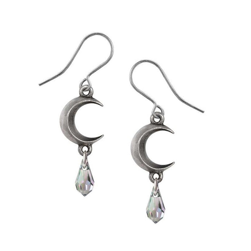 Silver moon-shaped earrings with teardrop charms on a white background