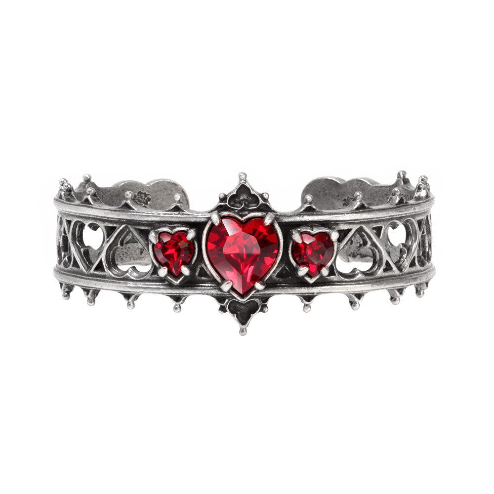 Silver crown-shaped bracelet with red heart stones on a white background
