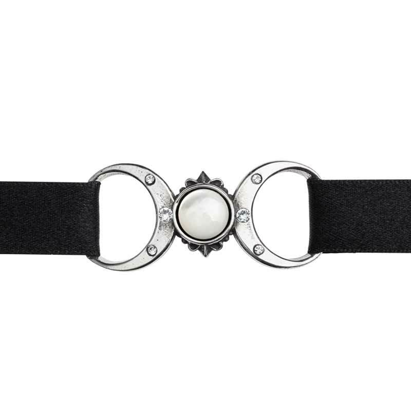 Black ribbon with silver pendant featuring a central stone on a white background