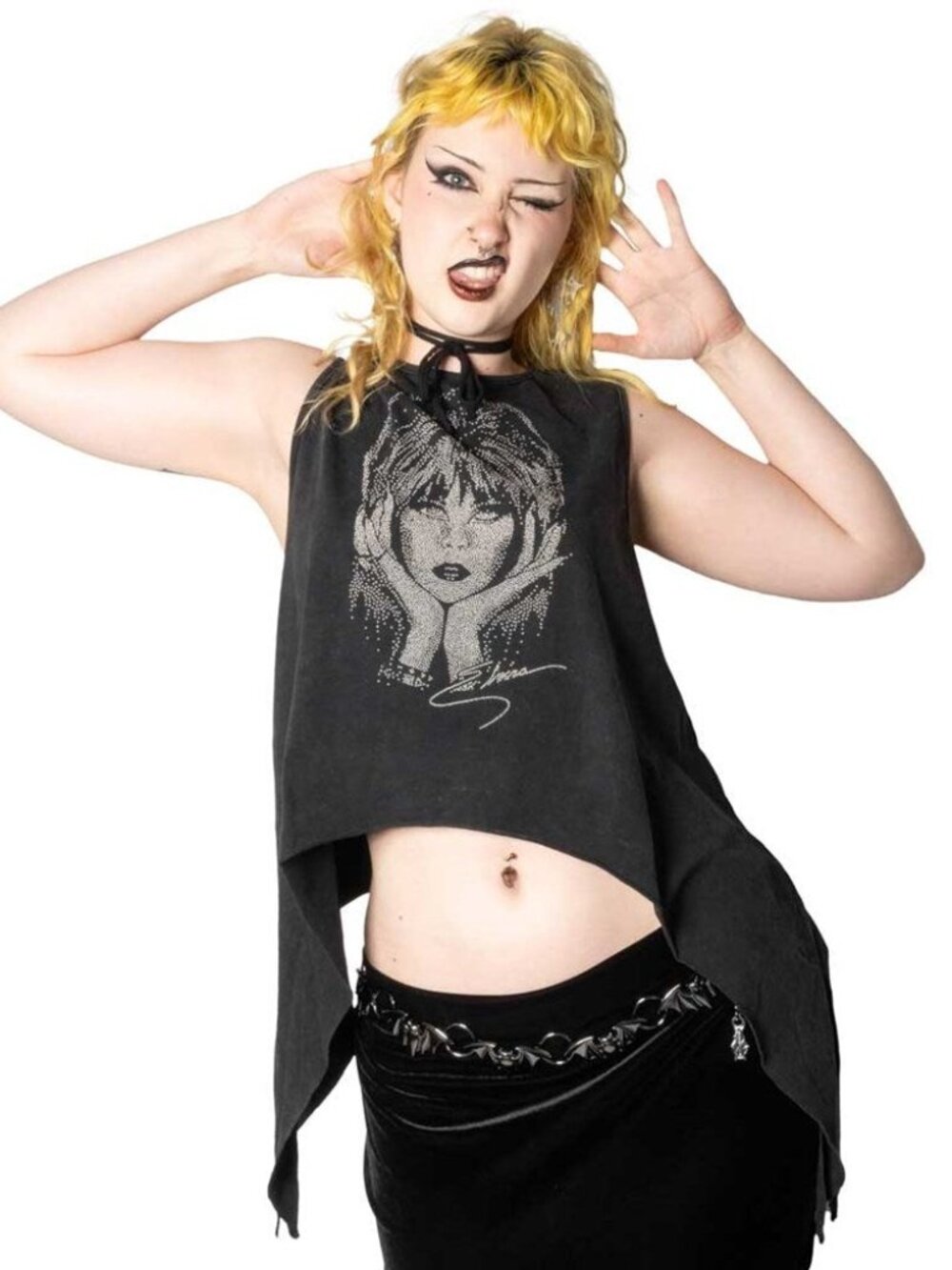 Kreepsville 666 Elvira Metallic Studded Shark Bite Crop Tank Top