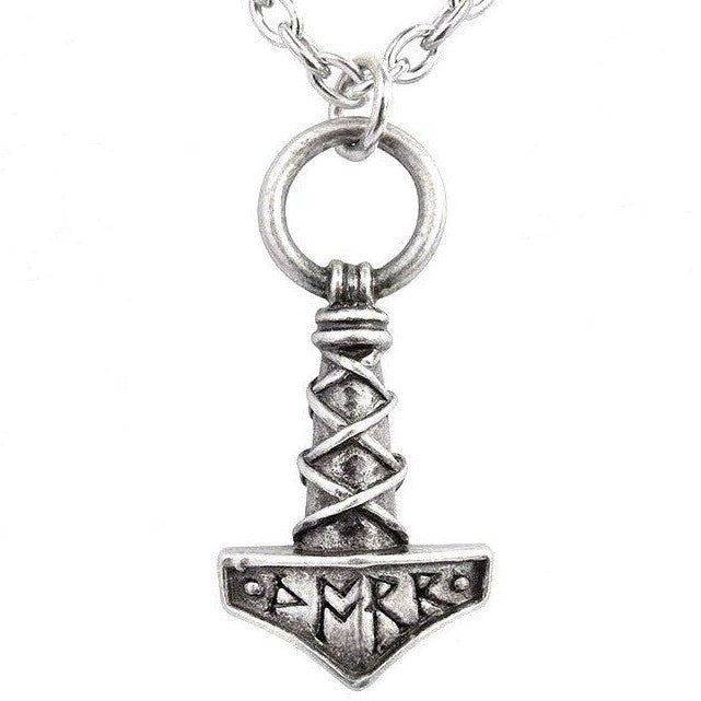 Silver Thor's hammer pendant necklace on a white background