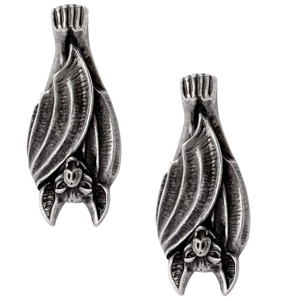 Pair of silver bat-shaped earrings on a white background