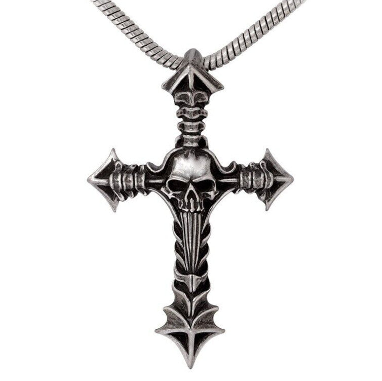 Silver cross pendant with skull design on a white background
