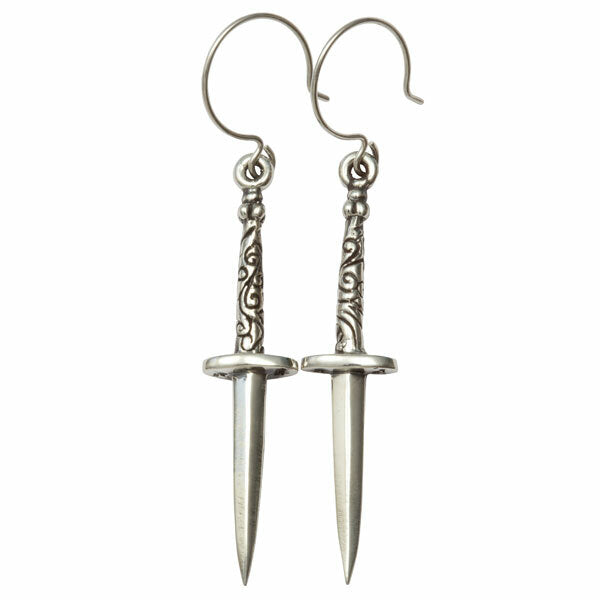 Femme Metale Ornate Long Daggers 925 Sterling Silver Hook Earrings
