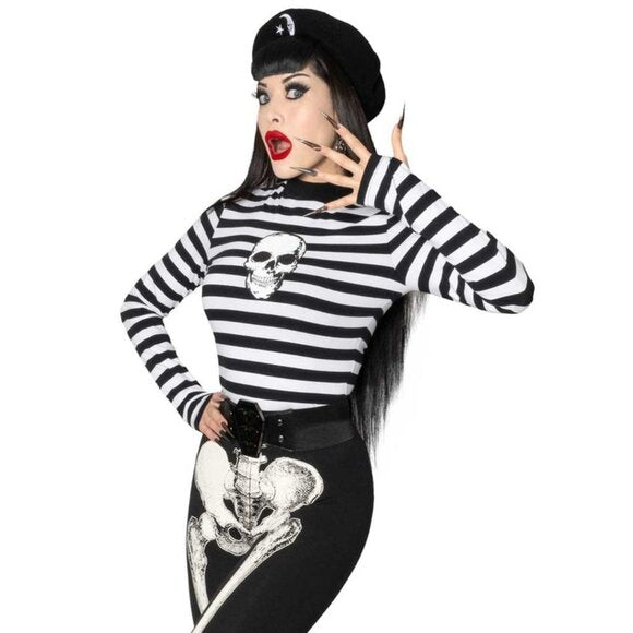Kreepsville 666 Skull Black White Stripe LS Top Thumb Holes