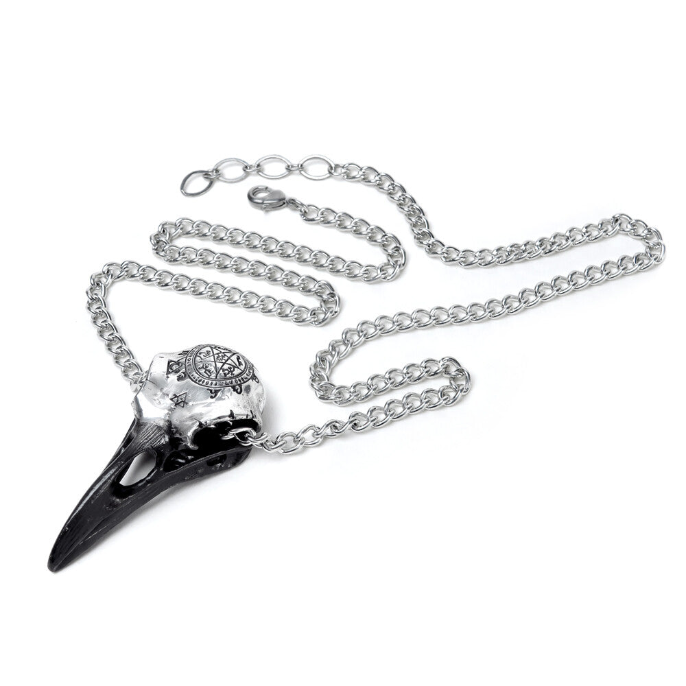 Necklace with a black raven skull pendant on a white background