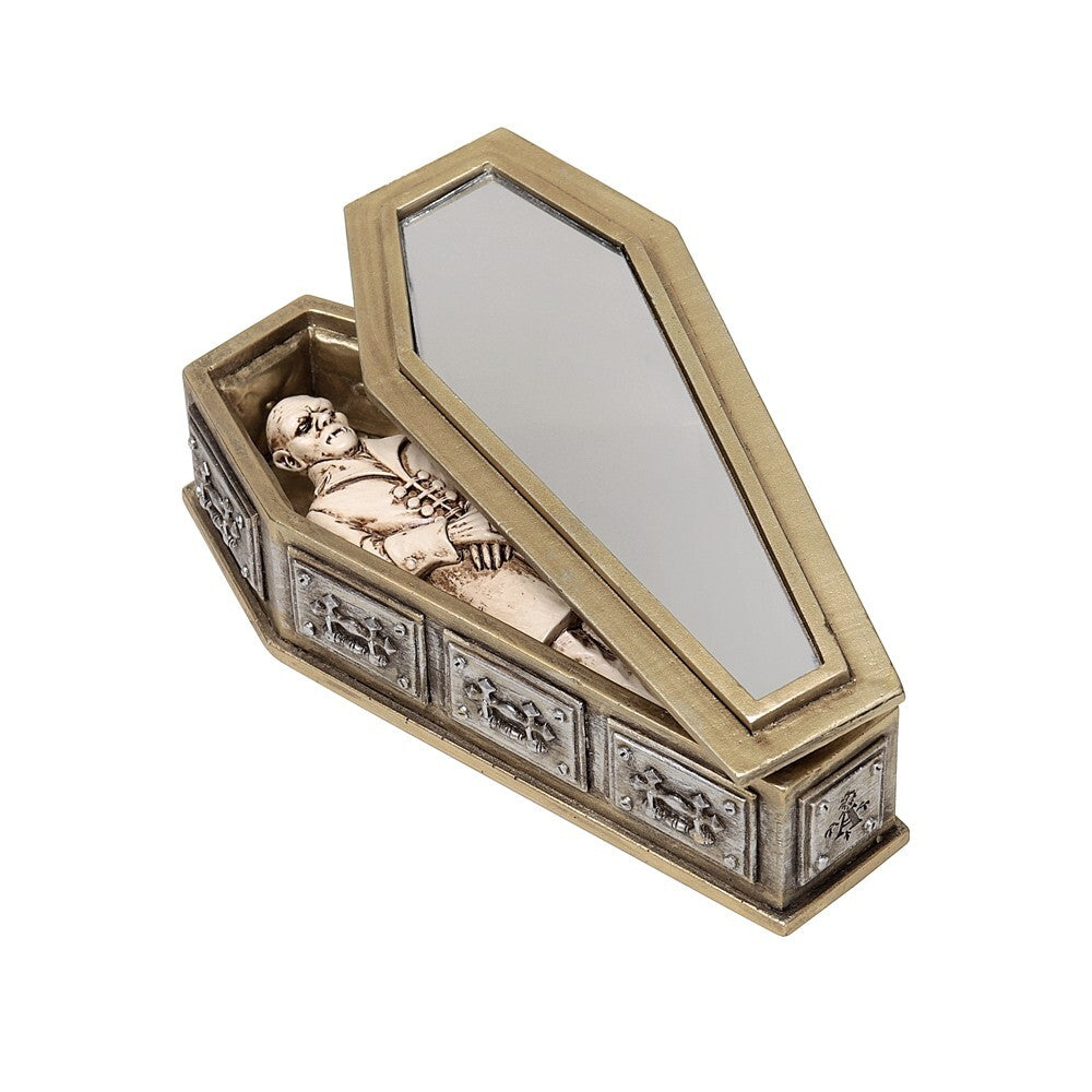 Decorative coffin with a figurine inside on a white background