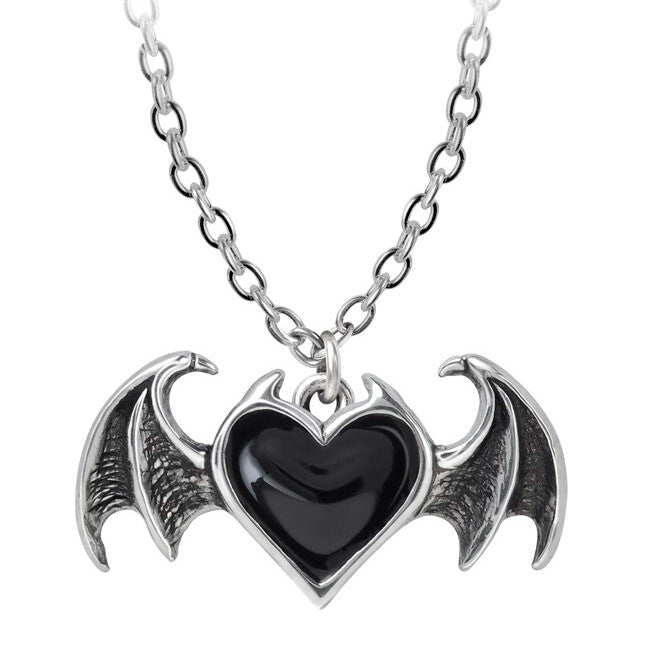 Necklace with a heart-shaped pendant featuring bat wings on a white background