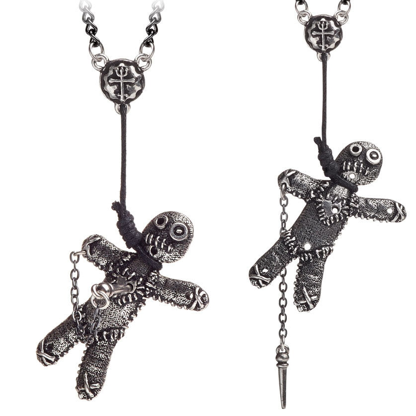 Pair of silver voodoo doll necklace on a white background