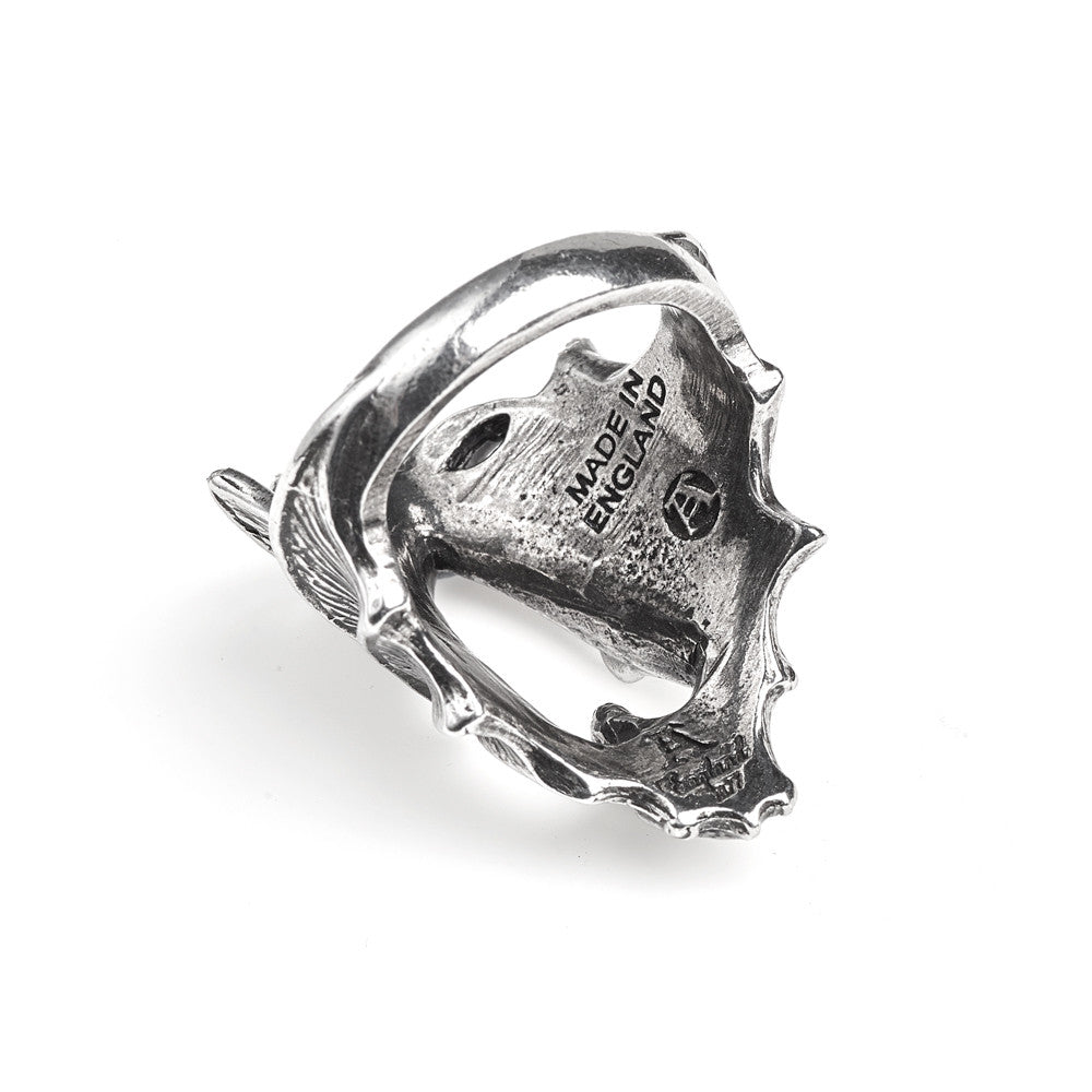 Silver bat ring with 'Made in England' inscription on a white background