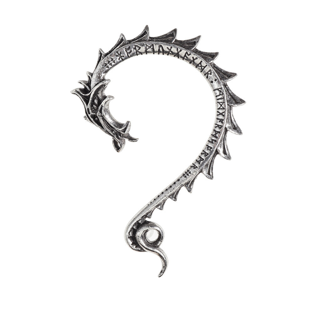 Silver elvish ear cuff with intricate design on a white background
