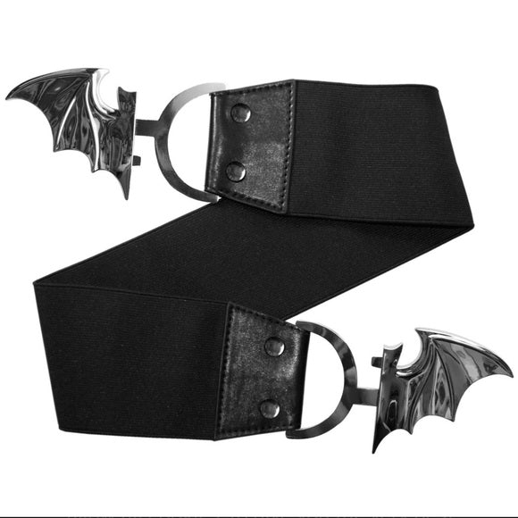 Kreepsville 666 Silver Bat Buckle Black Elastic Waist Belt