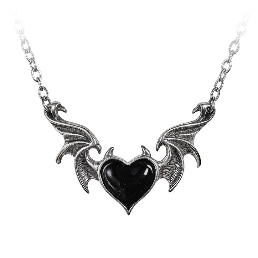 Necklace with a black heart and wing-like designs on a white background