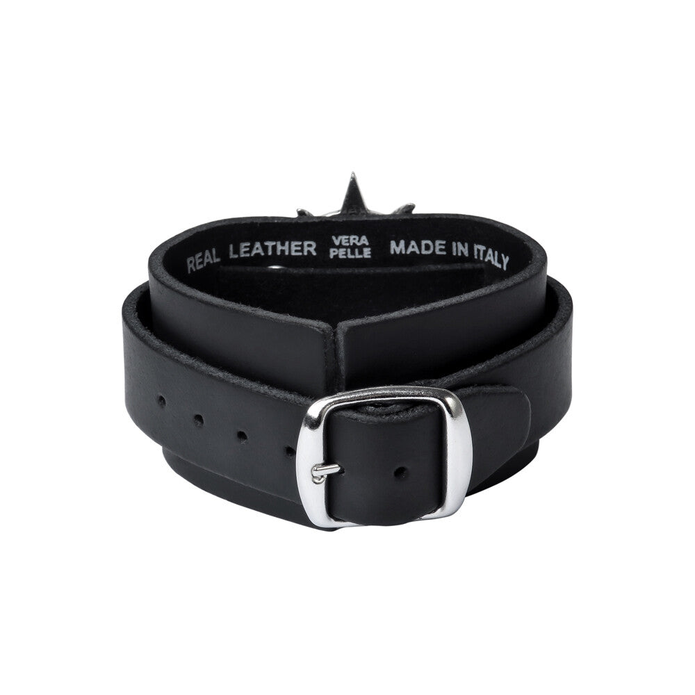 Black leather belt with silver buckle on a white background