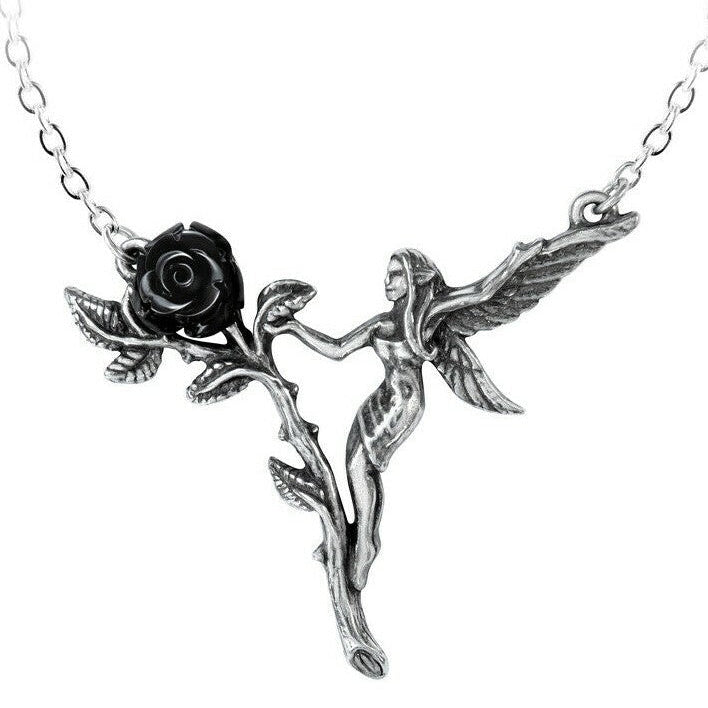 Necklace with fairy and black rose pendant on a white background