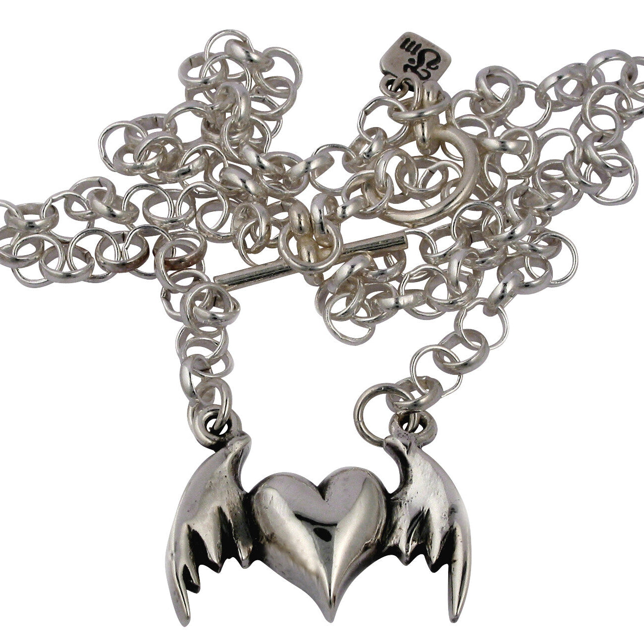 Silver necklace with bat-shaped pendant on a white background