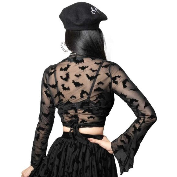 Kreepsville 666 Flocked Bats Mesh LS Tie Top