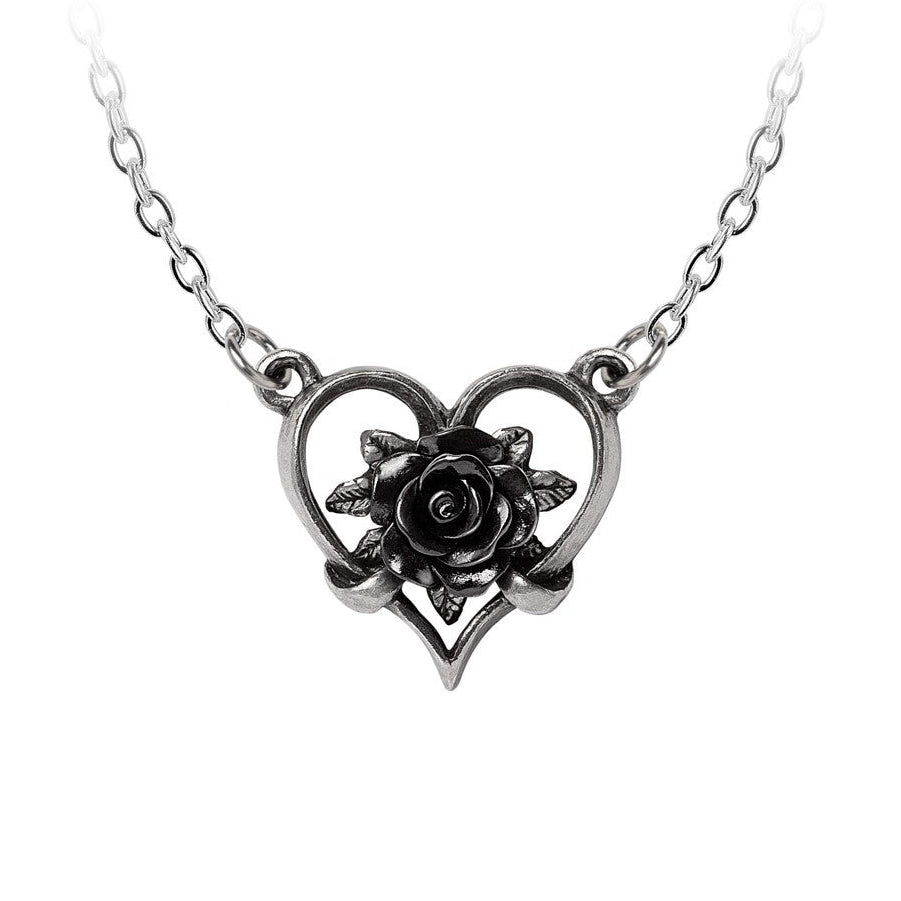 Necklace with a heart-shaped pendant featuring a rose design on a white background