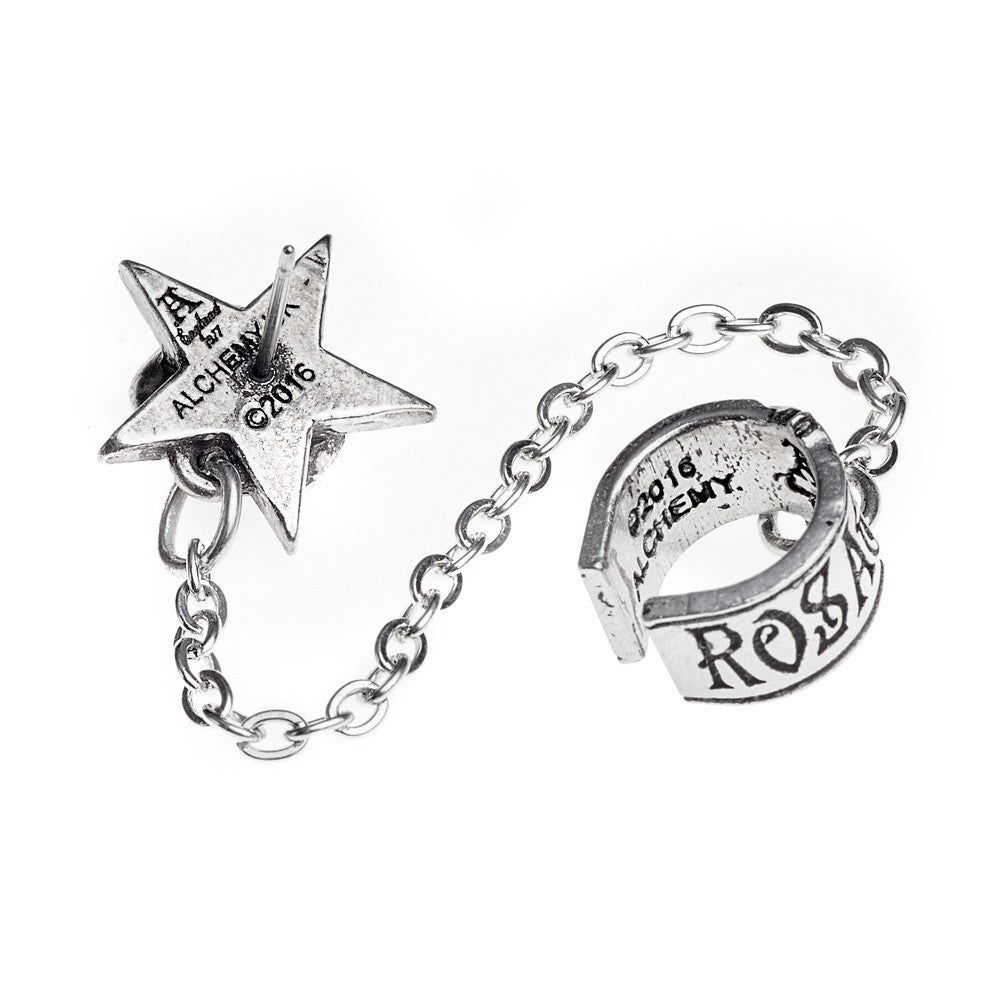 Silver star-shaped ring and chain with 'Rosie' engraved on a white background