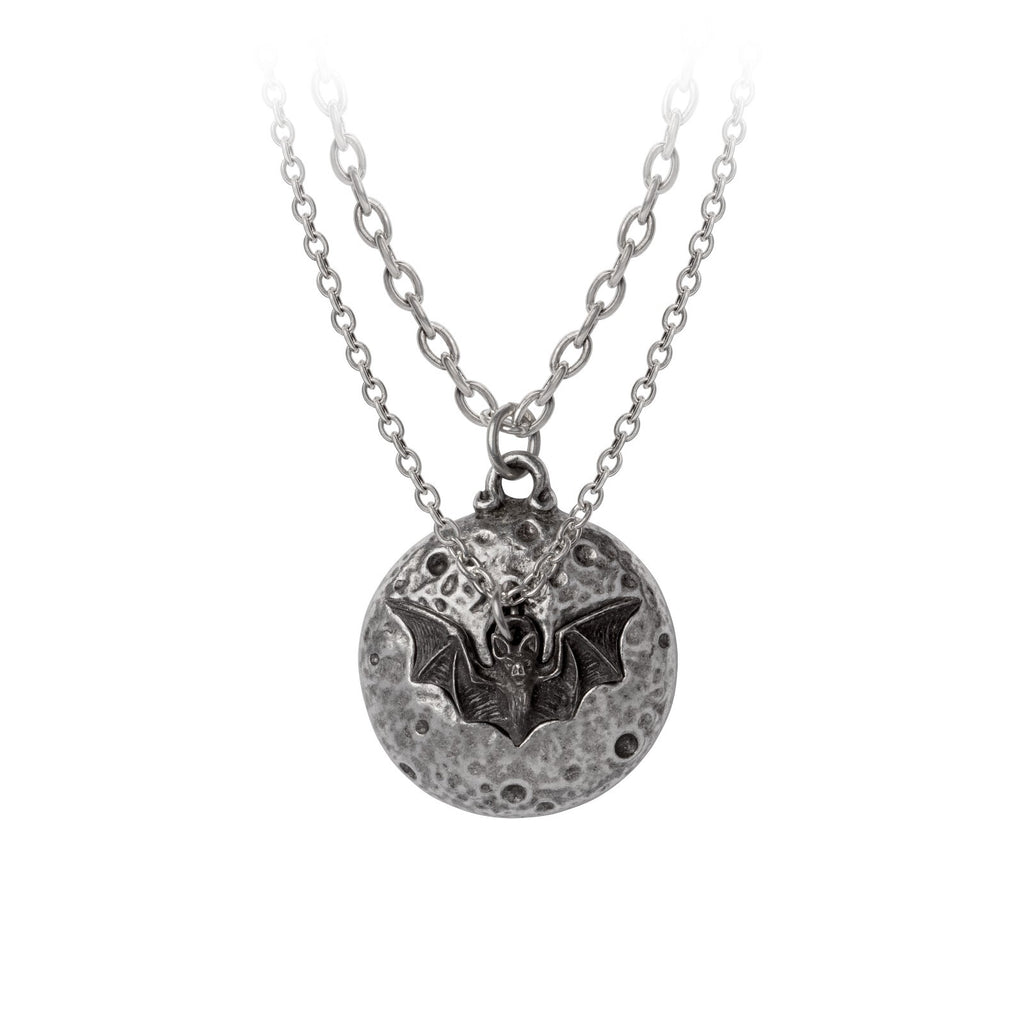 Silver necklace with bat pendant on a white background