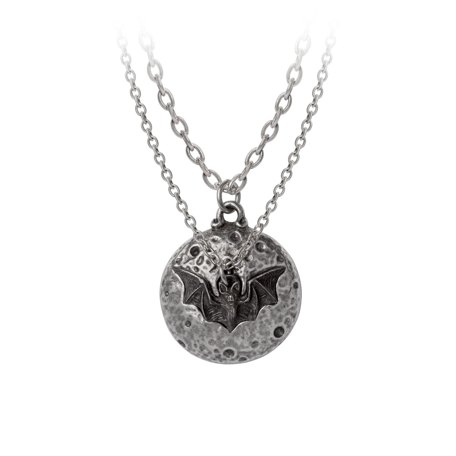 Silver necklace with bat pendant on a white background