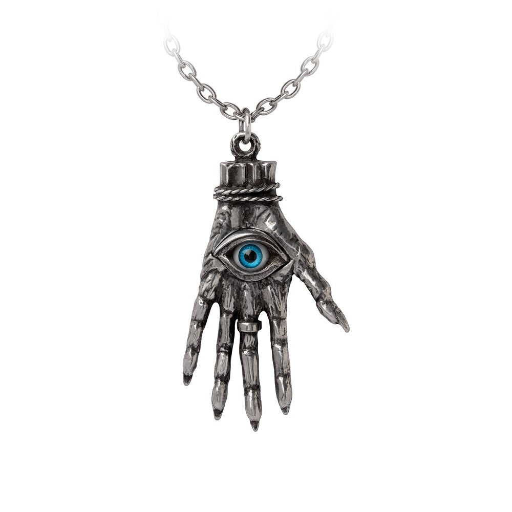 Silver hand pendant with an eye design on a white background