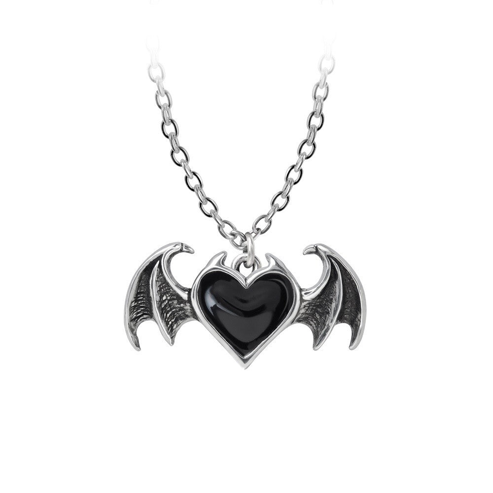 Necklace with a heart-shaped pendant featuring bat wings on a white background