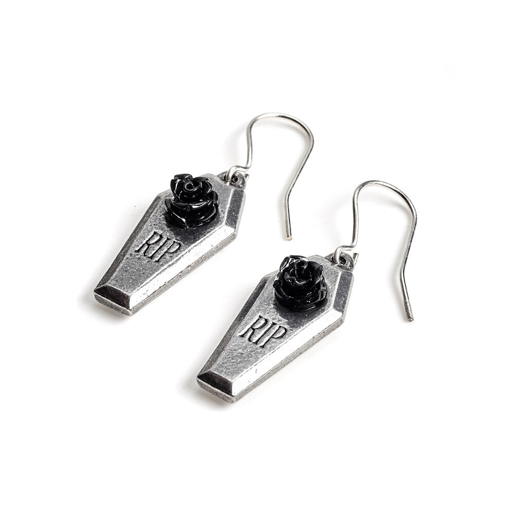 Alchemy Gothic RIP Black Resin Rose Coffin Earrings E432
