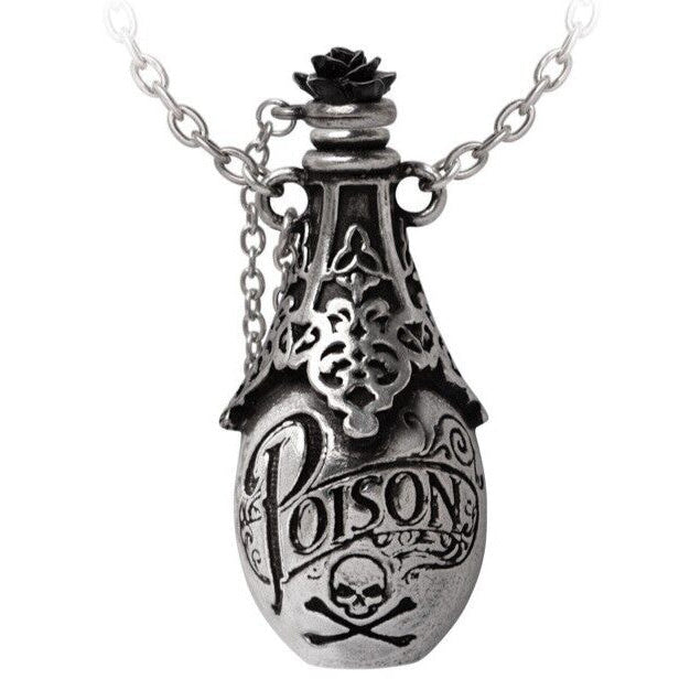 Silver 'Poison' bottle necklace with a black rose on a white background
