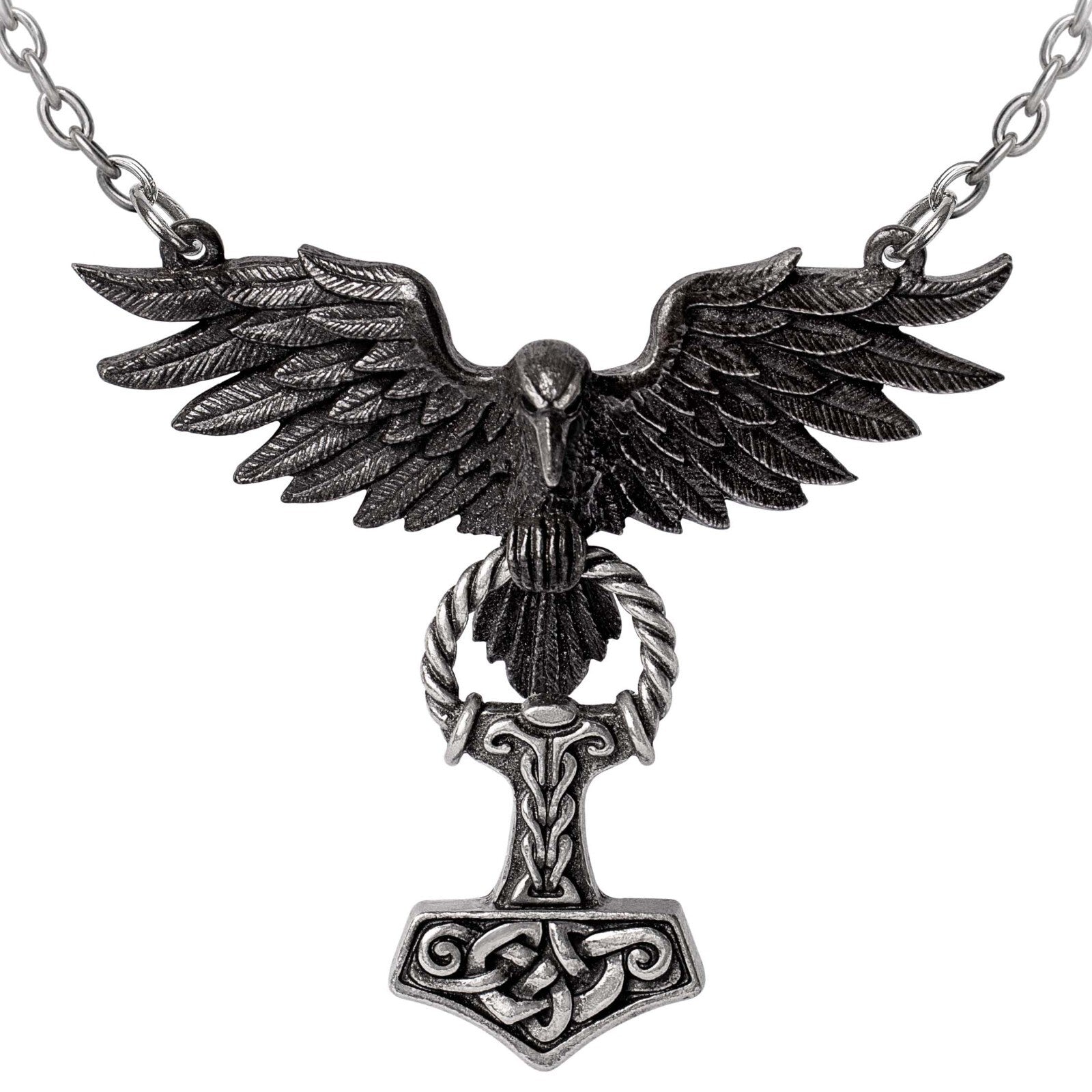 Black raven pendant with Thor's hammer on a white background