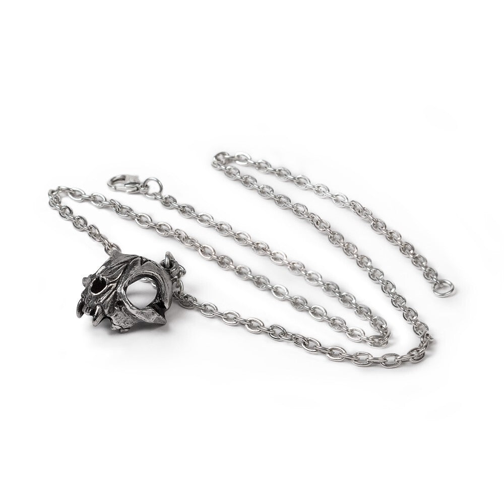 Silver necklace with a detailed pendant on a white background