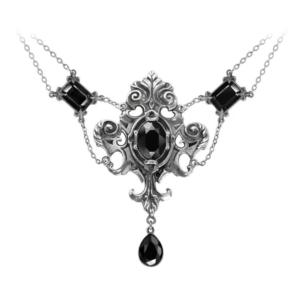 Ornate necklace with black gemstones on a white background