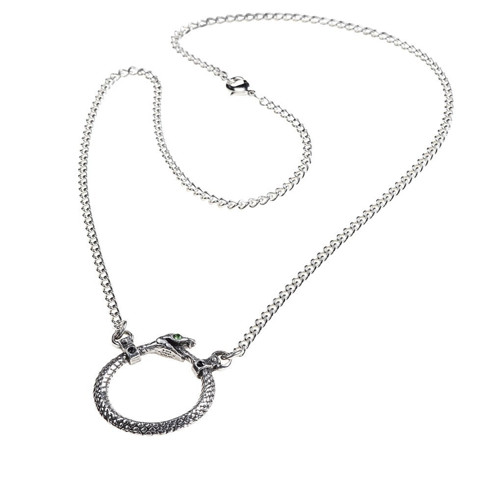Silver necklace with a circular pendant on a white background