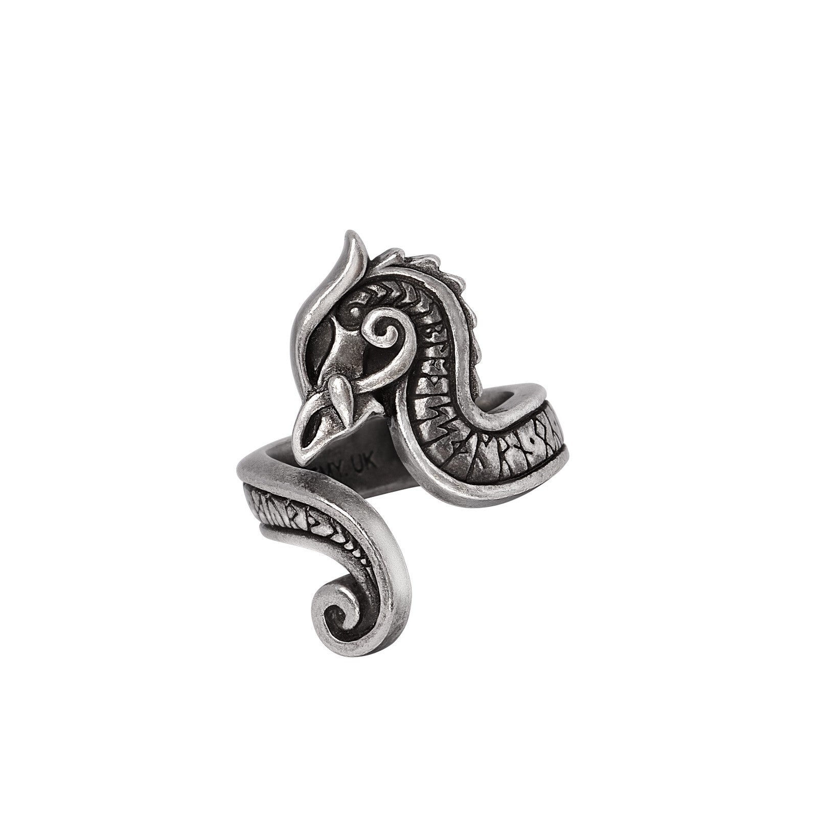 Silver seahorse-shaped ring on a white background