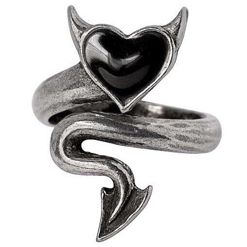 Silver ring with a heart and devil horns design on a white background
