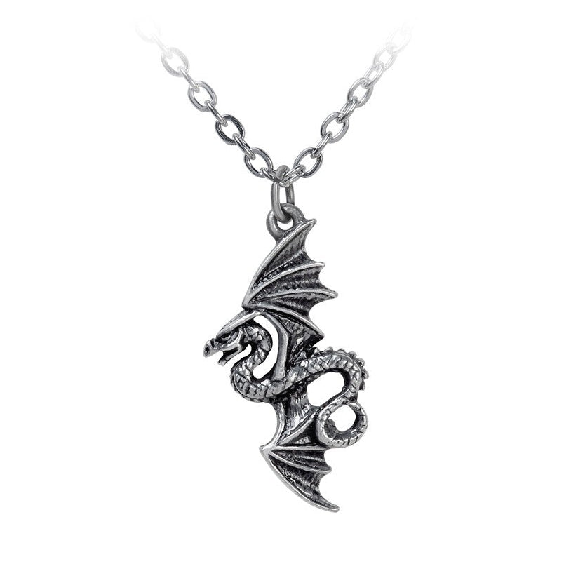 Silver dragon pendant necklace on a white background