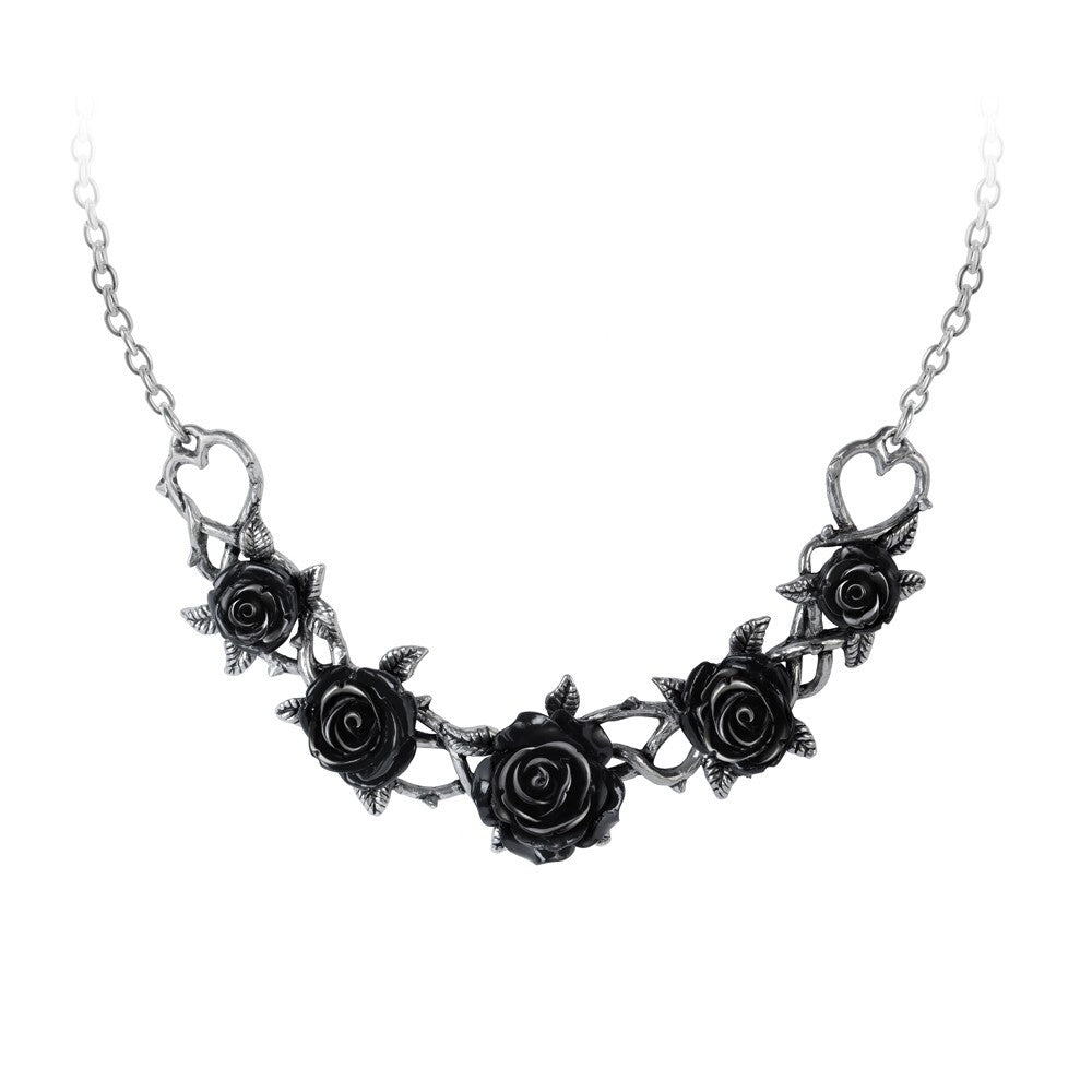 Necklace with black rose design on a white background