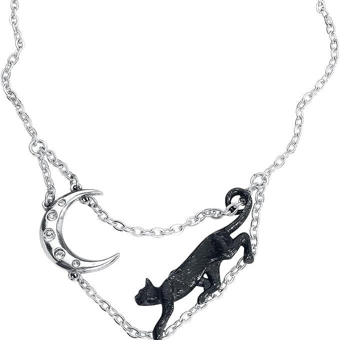 Necklace with a black cat and moon design on a white background