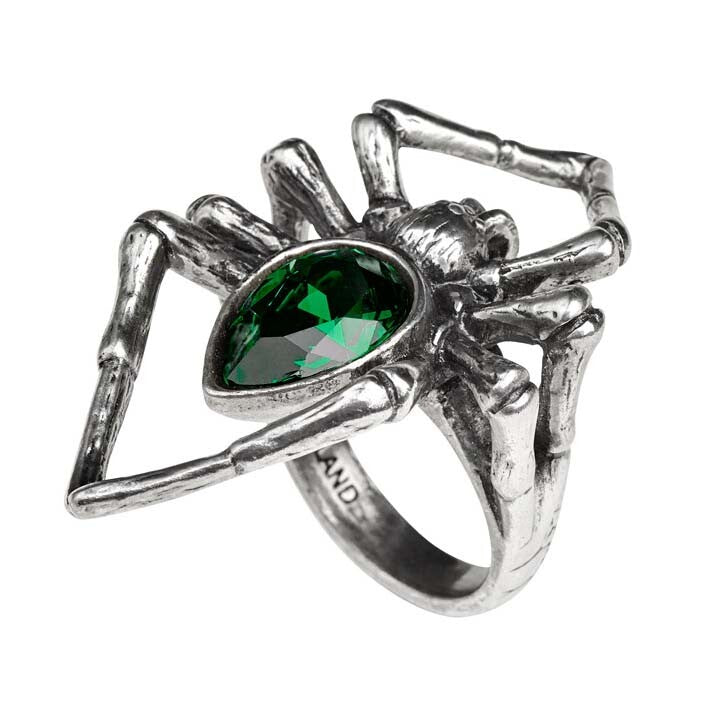 Silver spider ring with a green gemstone on a white background